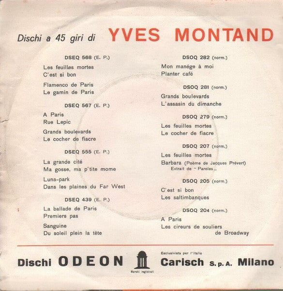Yves Montand : Les Feuilles Mortes / Le Cocher De Fiacre (7")