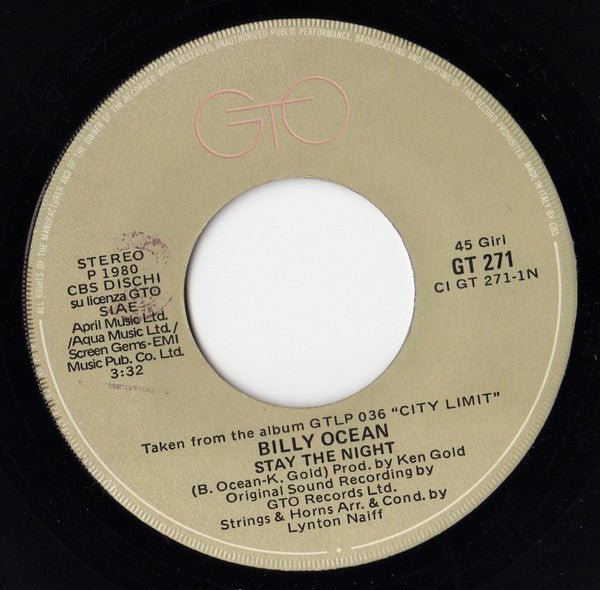Billy Ocean : Stay The Night (7", Fli)