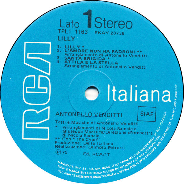 Antonello Venditti : Lilly (LP, Album)
