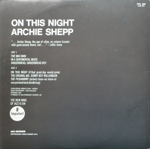 Archie Shepp : On This Night (LP, Album, Gat)