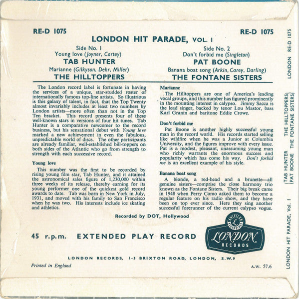 Tab Hunter / The Hilltoppers / Pat Boone / The Fontane Sisters : London Hit Parade No.1 (7", EP, Comp, Sil)