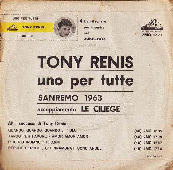 Tony Renis : Uno Per Tutte  (7")