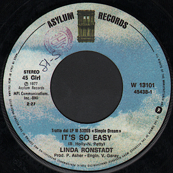 Linda Ronstadt : It's So Easy (7", Single)