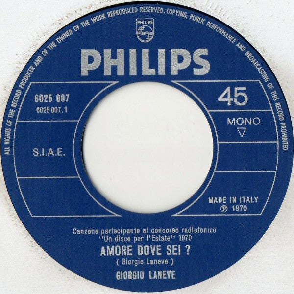 Giorgio Laneve : Amore Dove Sei? (7", Single, Mono)