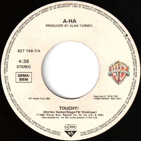 a-ha : Touchy! (7", Single, Lar)