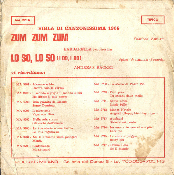 Barbarella (25) / Andrea's Racket : Zum Zum Zum / Lo So, Lo So = I Do, I Do (7")