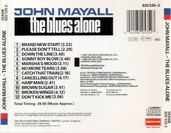 John Mayall : The Blues Alone (CD, Album, RE)